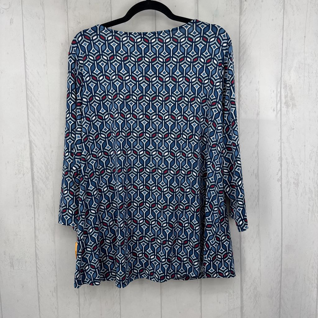 2X printed gathered hem 3/4 slv top