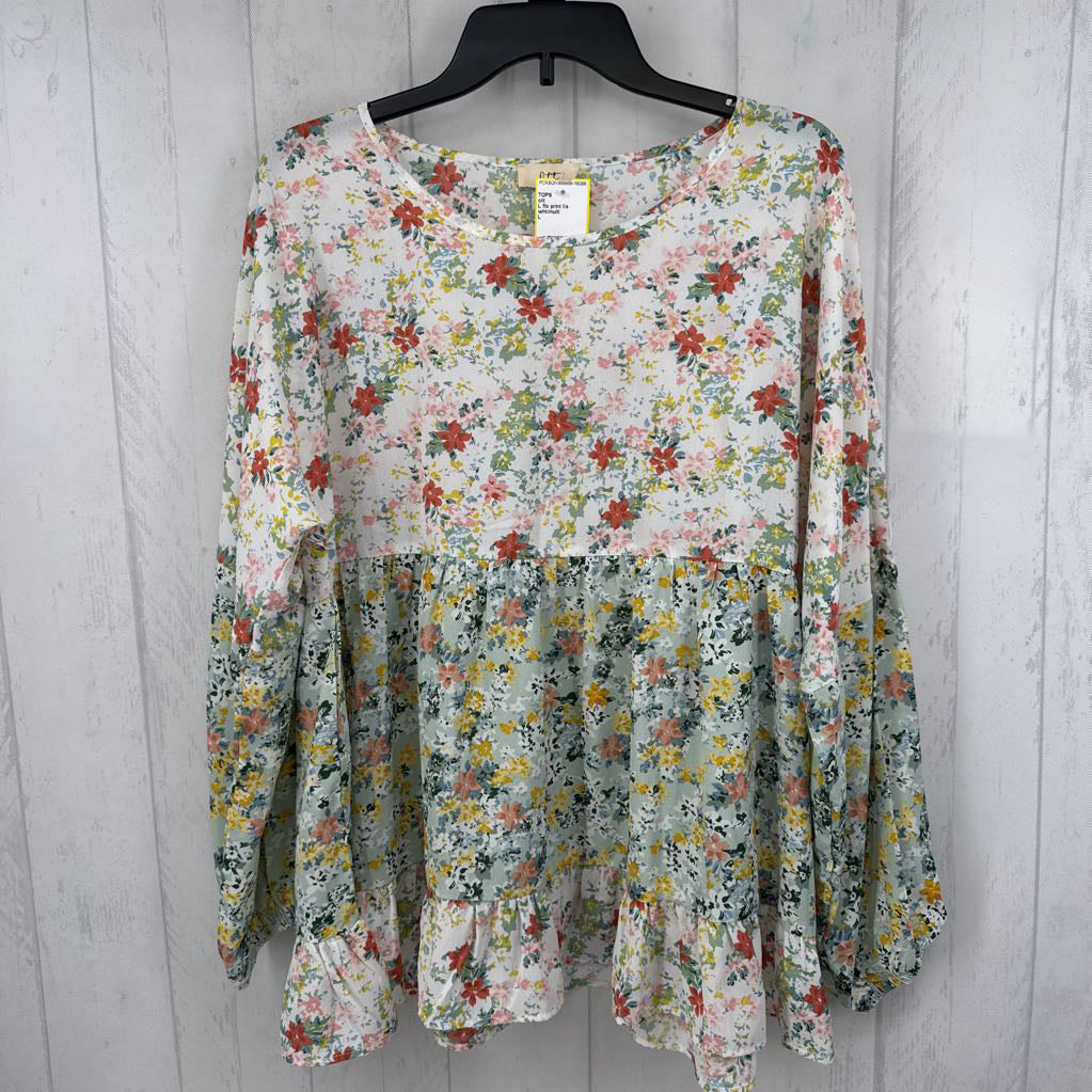 L flo print l/s babydoll top