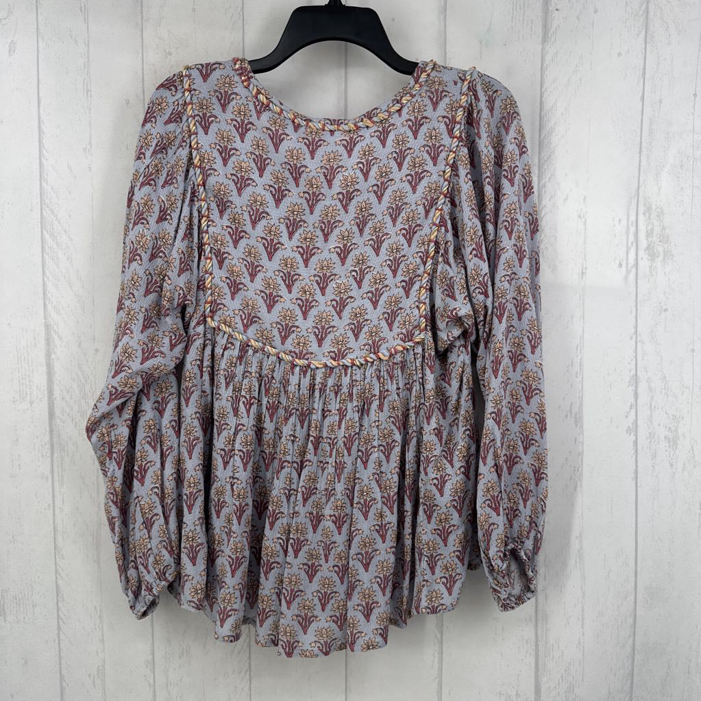 M l/s flower print pleated v-neck top