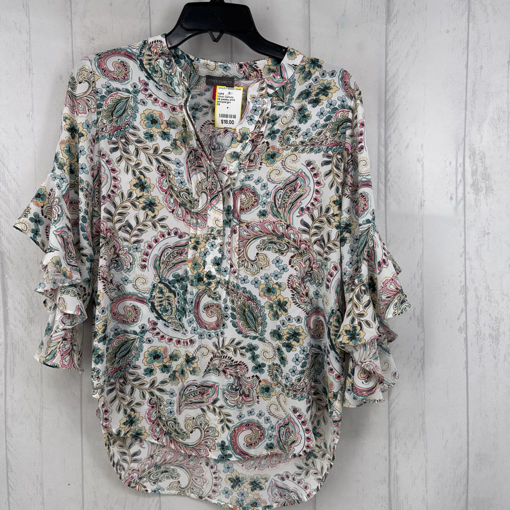 XS paisley print split neck flutter slv top