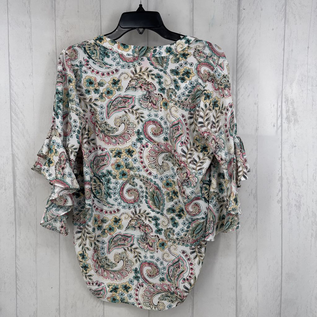 XS paisley print split neck flutter slv top
