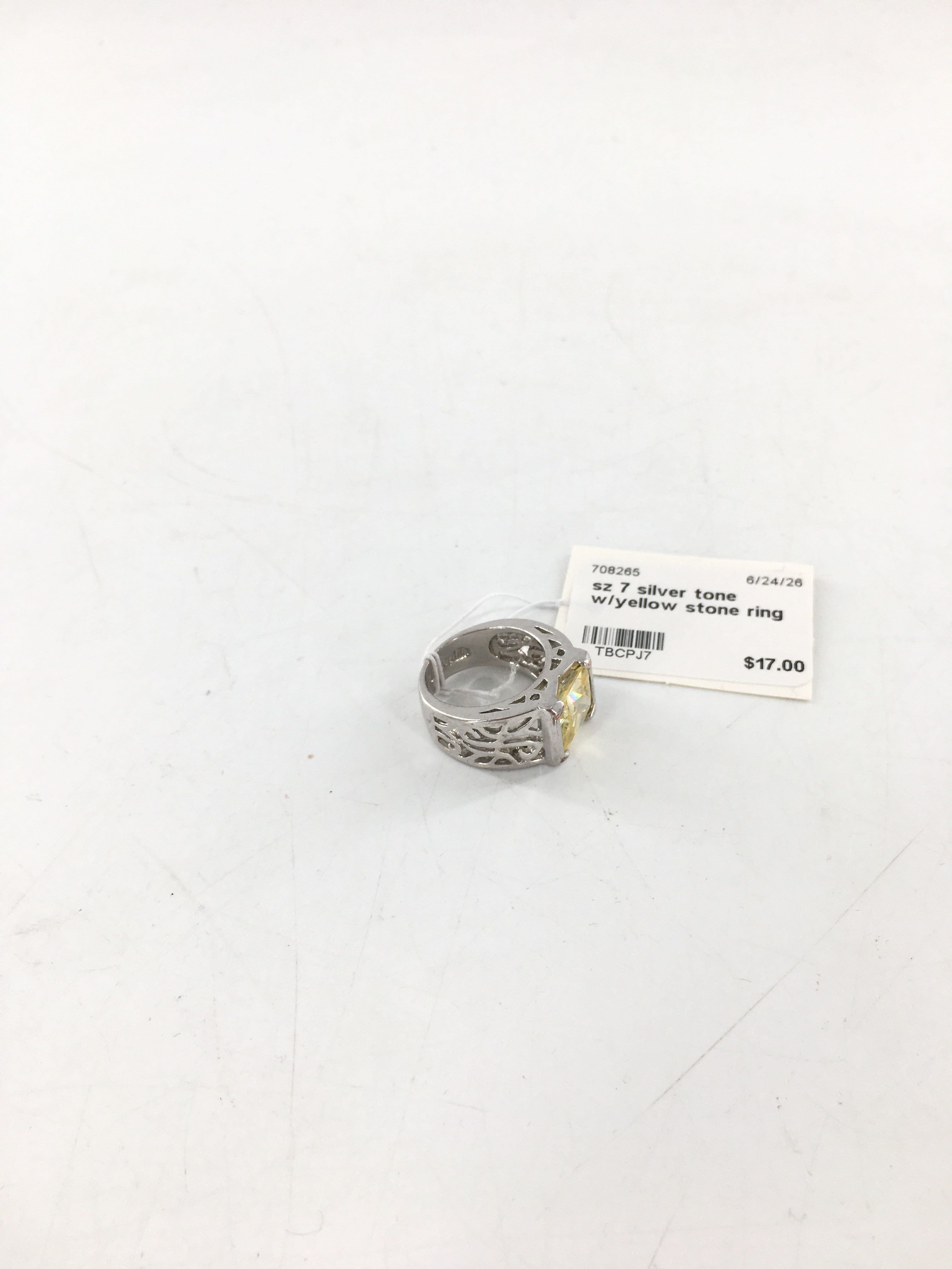 sz 7 silver tone w/yellow stone ring