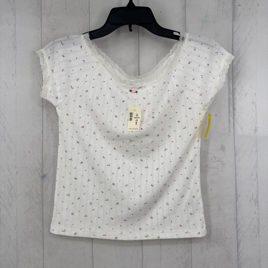 S flo print lace trim s/s tee
