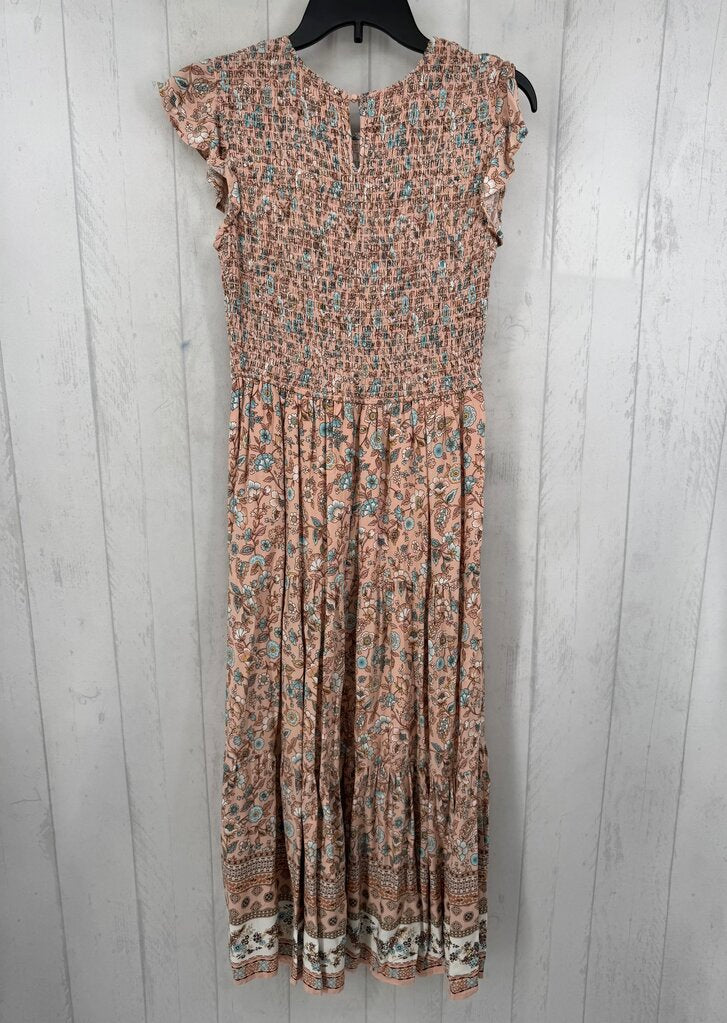 L smocked flo print maxi dress