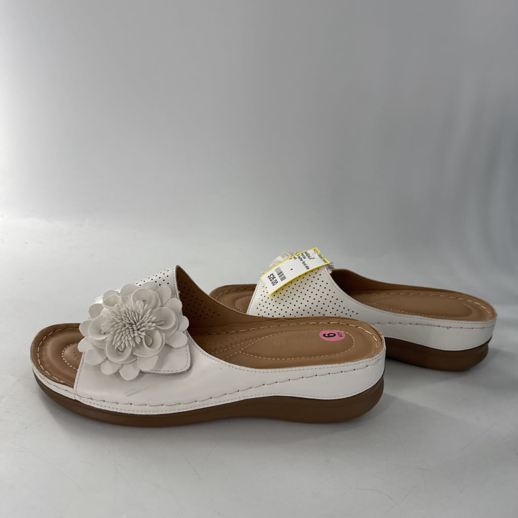 9 leather floral slide sandal