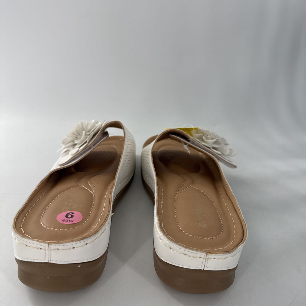 9 leather floral slide sandal
