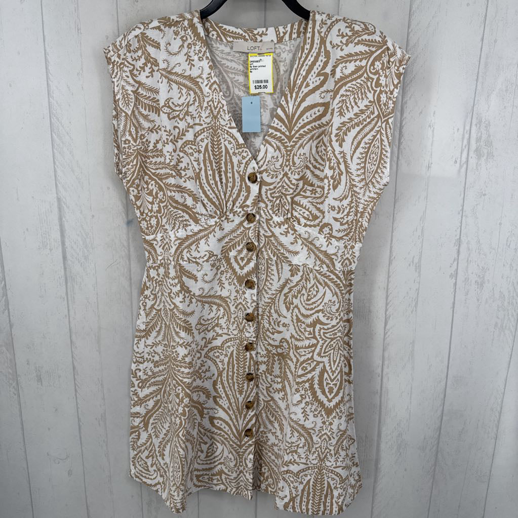 8p linen printed blend button down cap slv dress