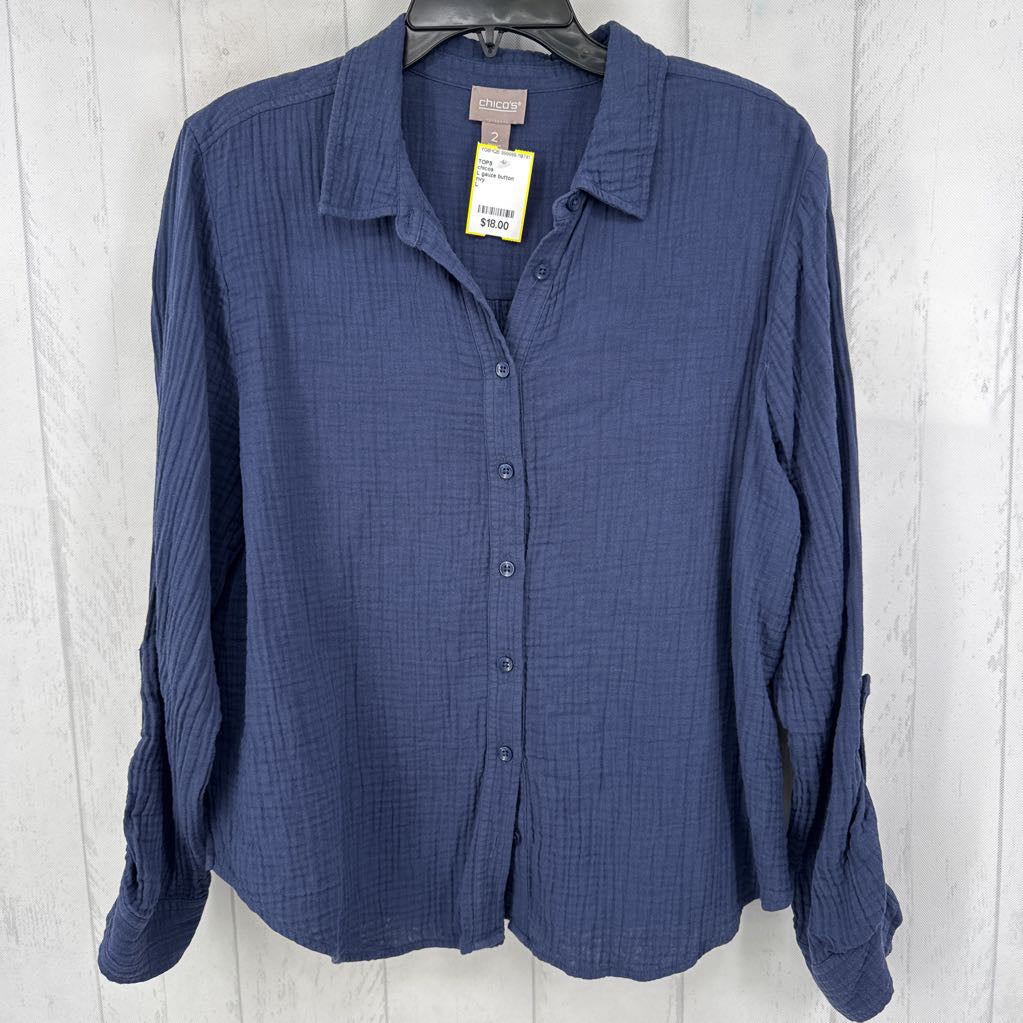 L gauze button down l/s top