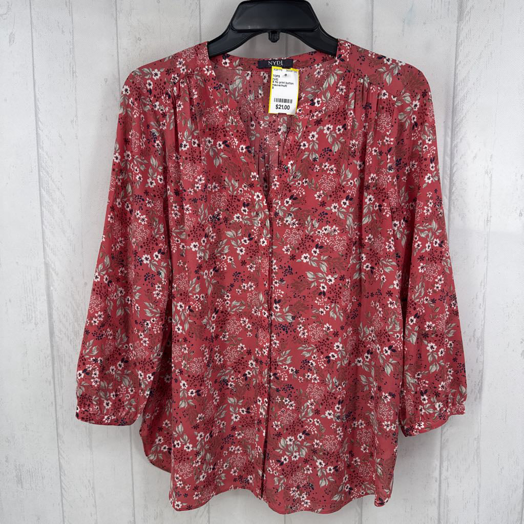 S flo print button down 3/4 slv top