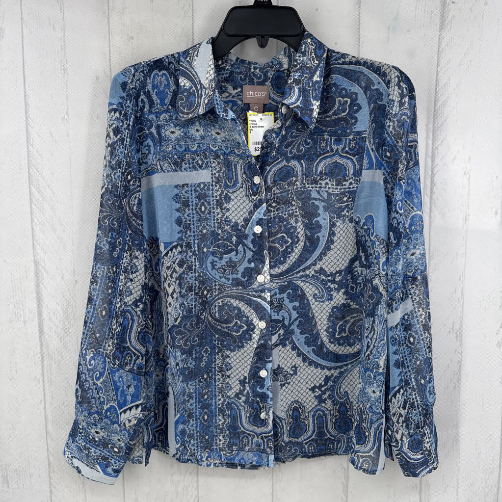 S semi-sheer paisley print button down l/s top