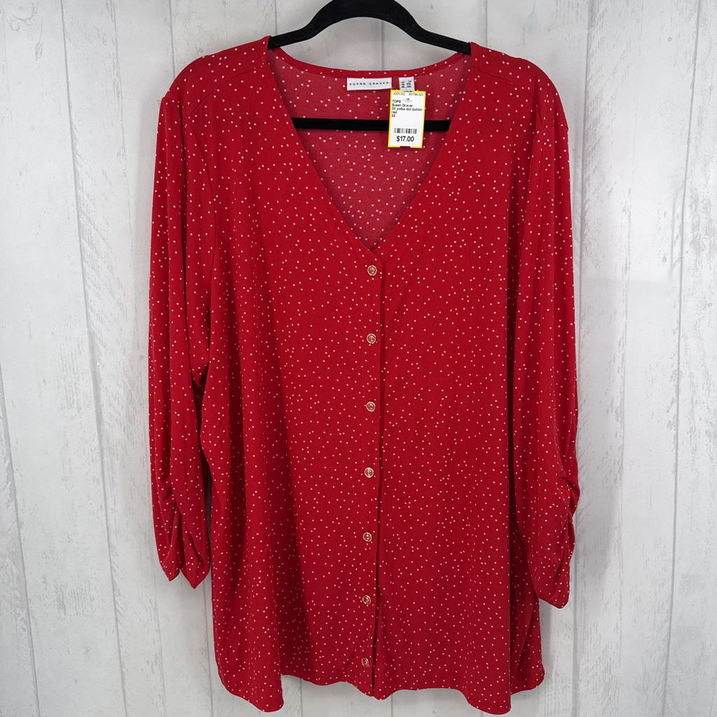 3X polka dot button down 3/4 slv top