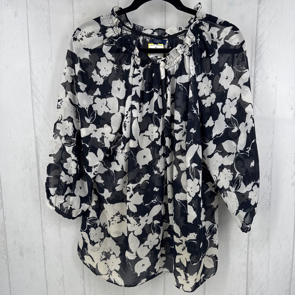 2X flo print notch neck 3/4 slv top