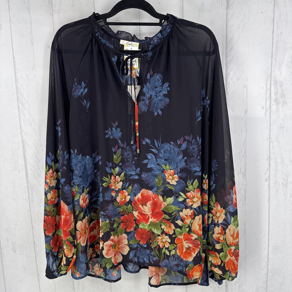 2X semi-sheer flo print splt neck l/s top