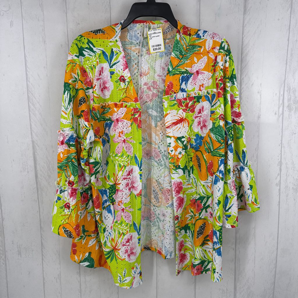 L flo print eyelet open front cardi