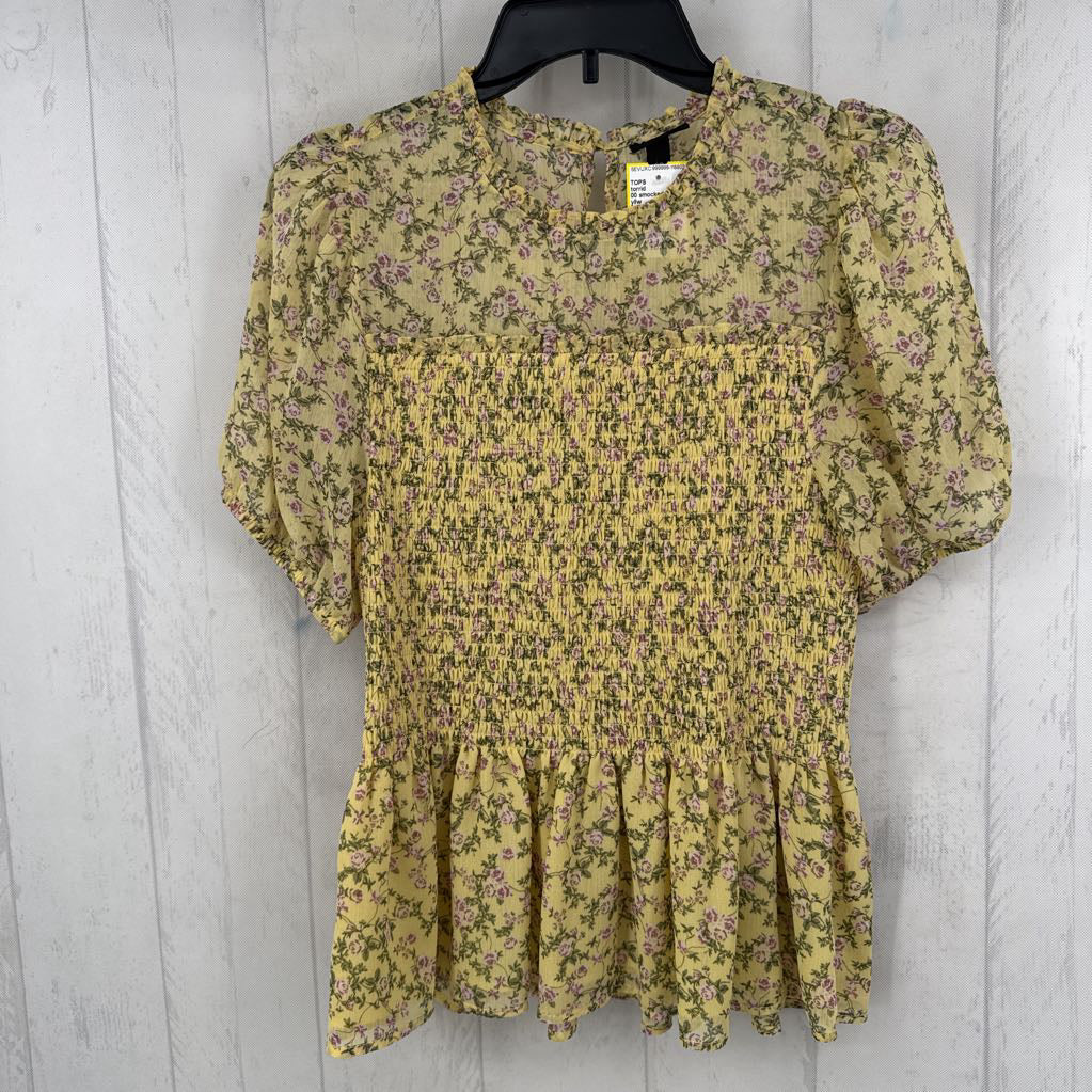 00 smocked flo print s/s top