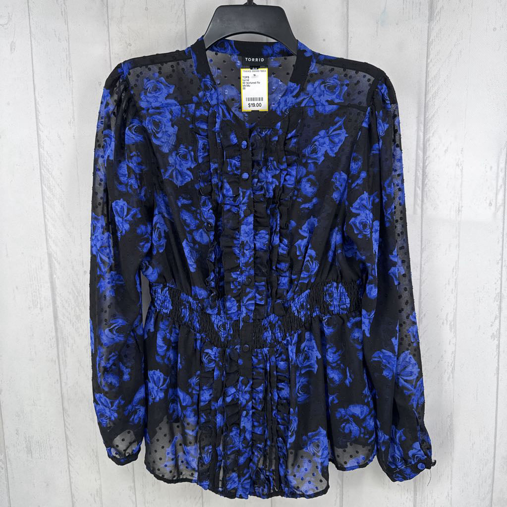 00 textured flo print smocked waist l/s top
