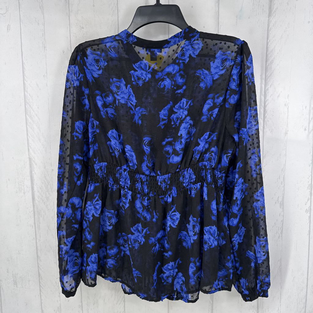 00 textured flo print smocked waist l/s top