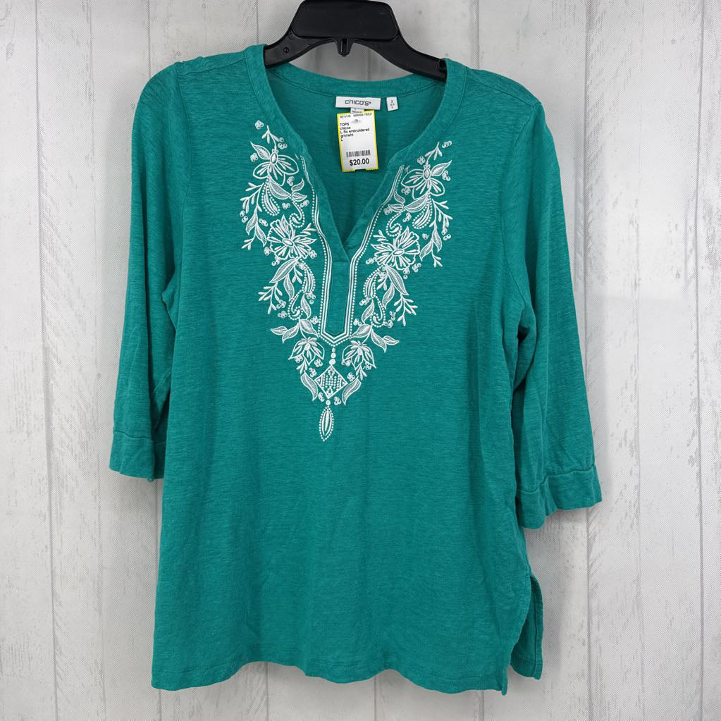 L flo embroidered split neck 3/4 slv top