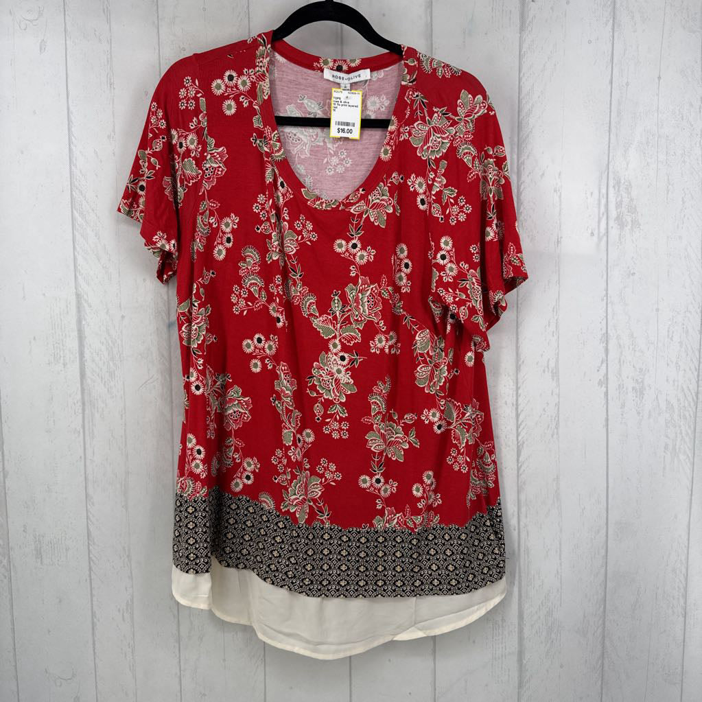 1X flo print layered hem s/s top