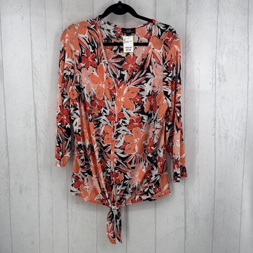 1X flo print v-neck 3/4 slv top