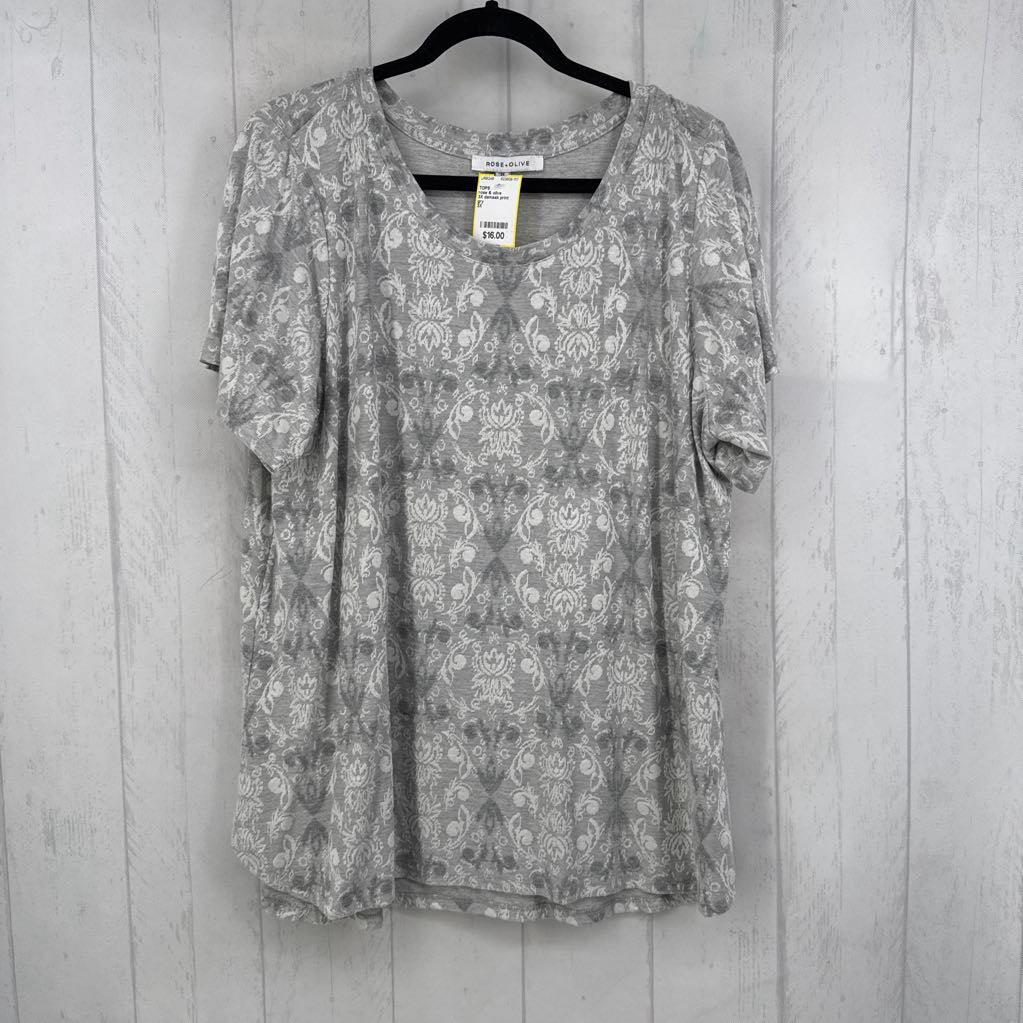 3X damask print s/s top