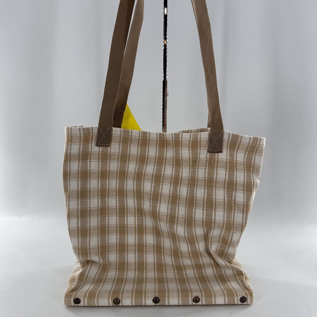 canvas plaid rivet detailing wood bottom tote