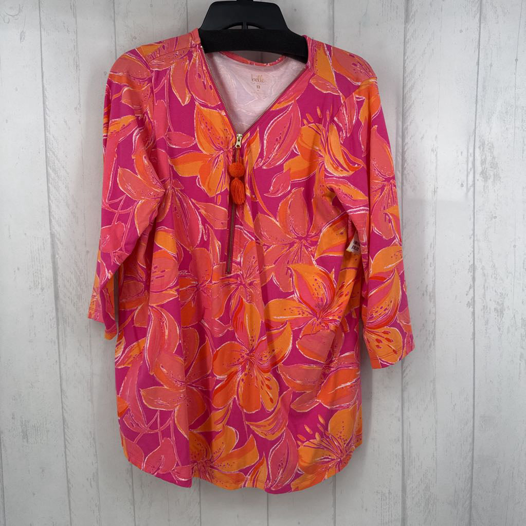 XL flo print zip front 3/4 slv top