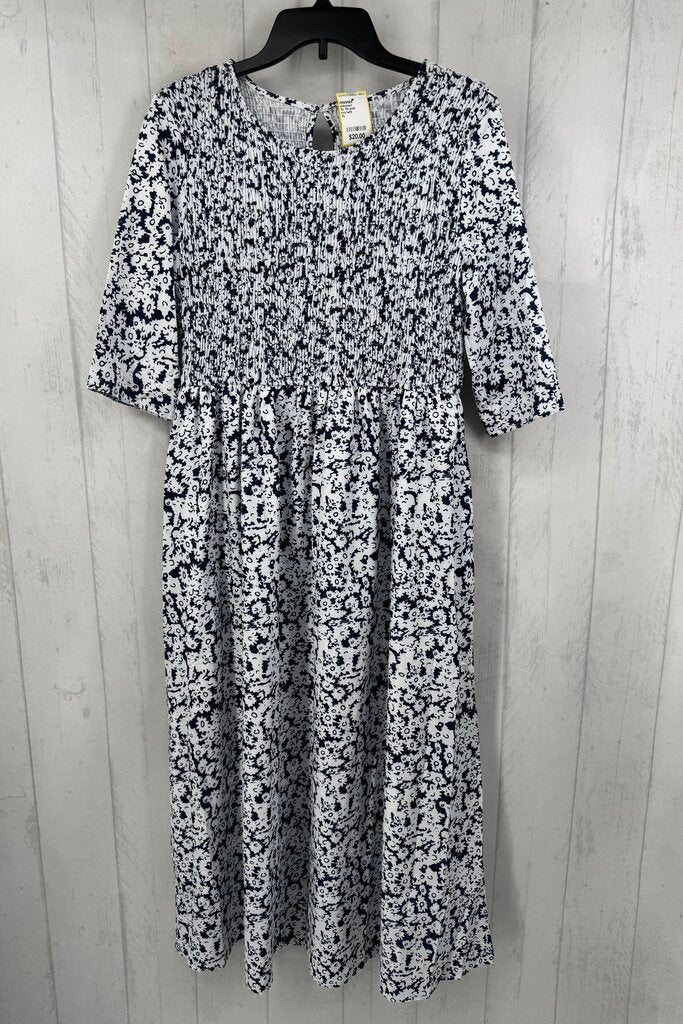 XL flo print smocked elbow slv dress