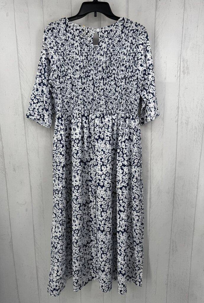 XL flo print smocked elbow slv dress