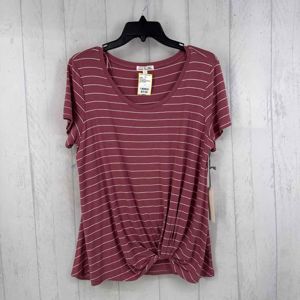 L striped gathered hem s/s tee