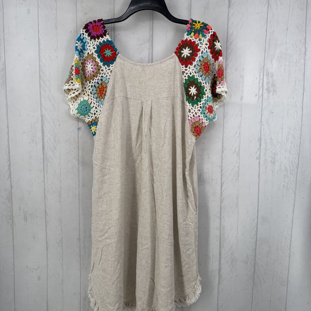 L linen blend crochet slv dress s/s
