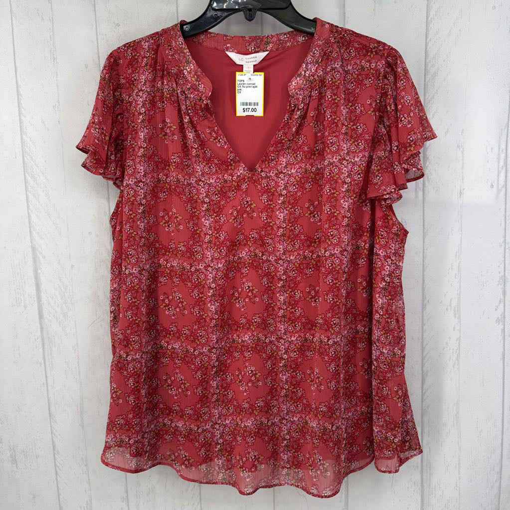 OX flo print split neck flutter slv top