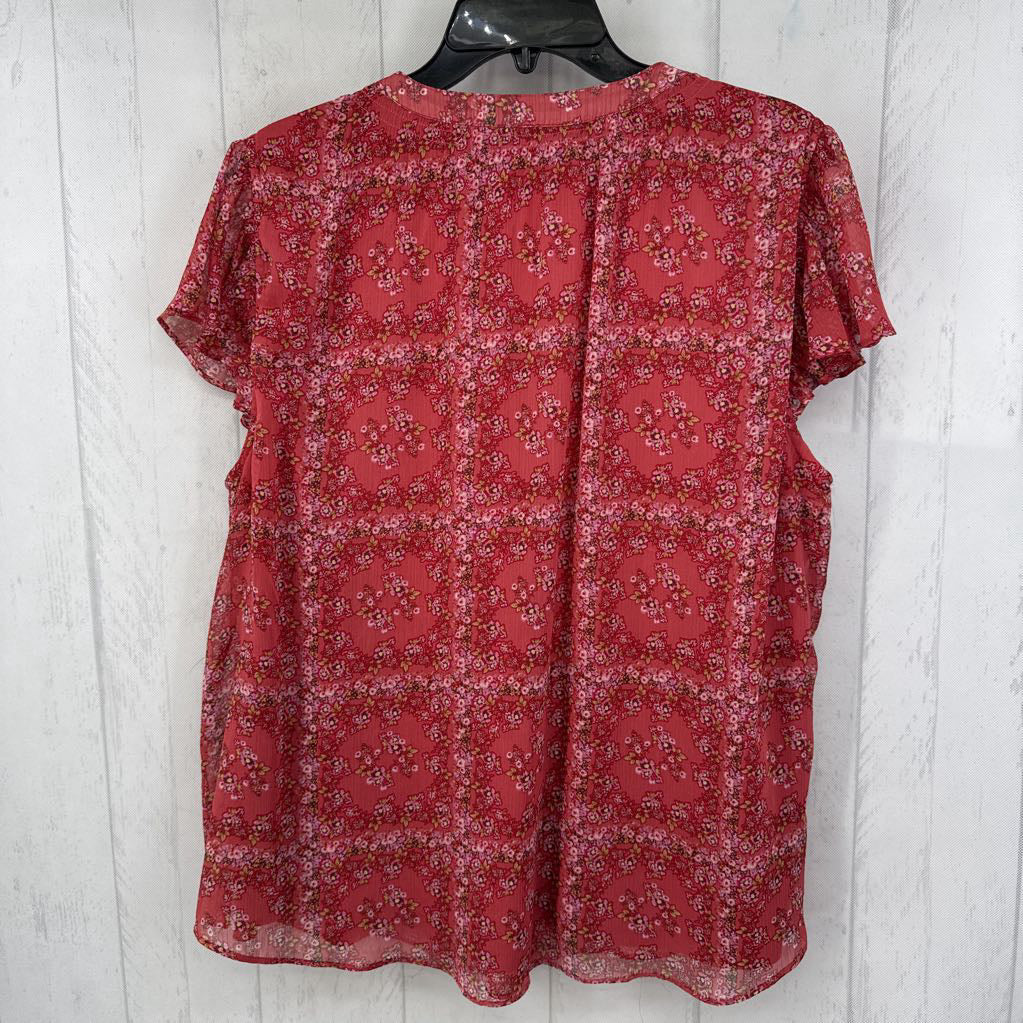 OX flo print split neck flutter slv top