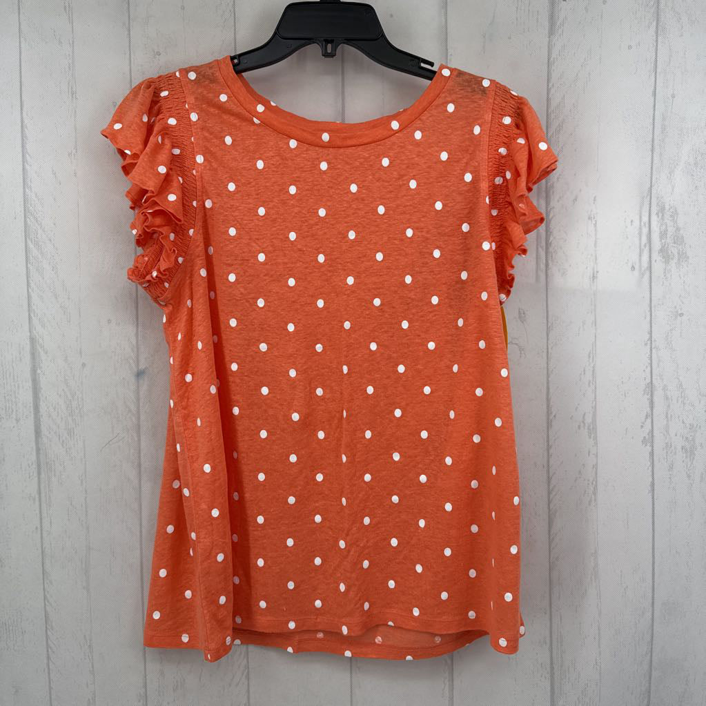 L ruffle slv polka dot linen top