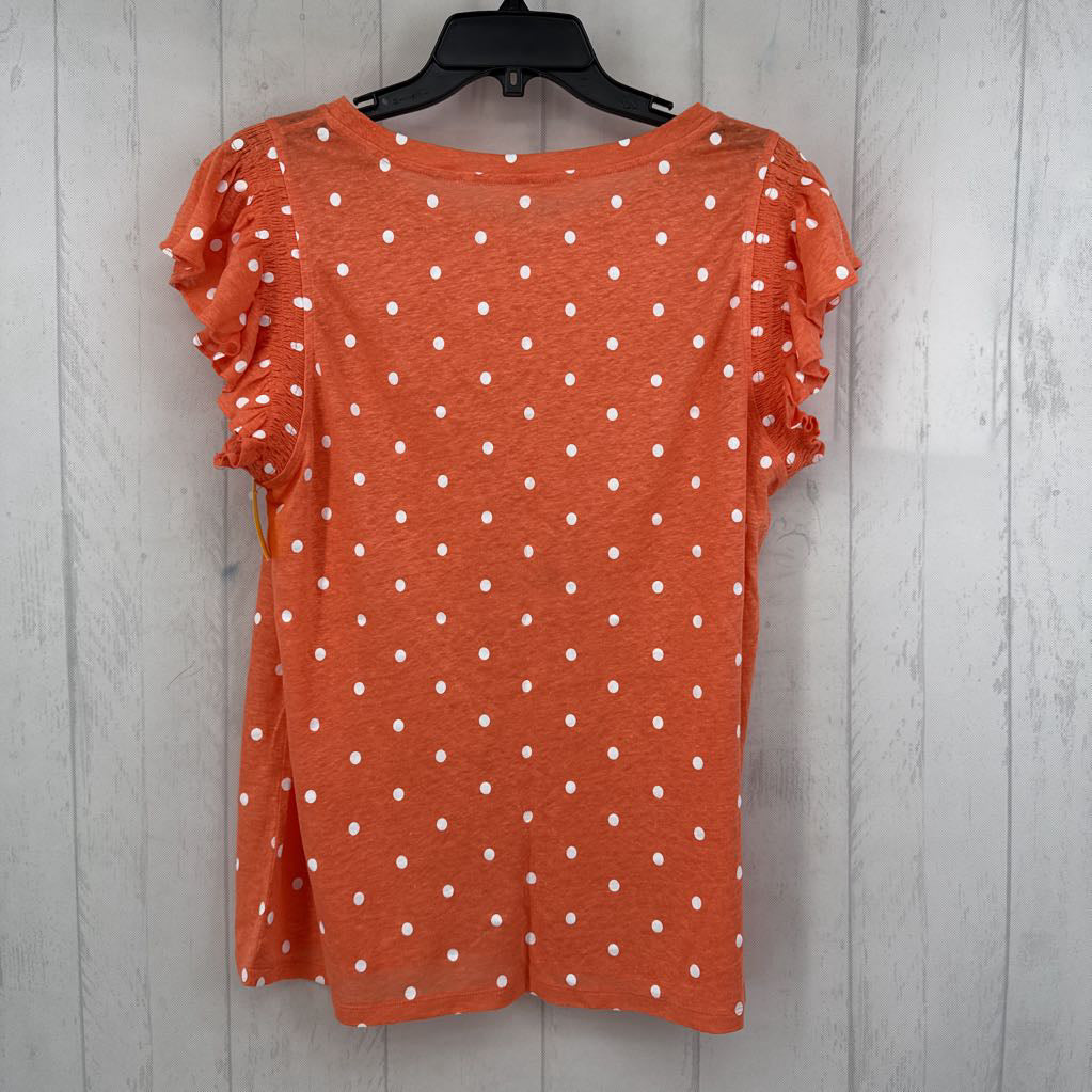 L ruffle slv polka dot linen top