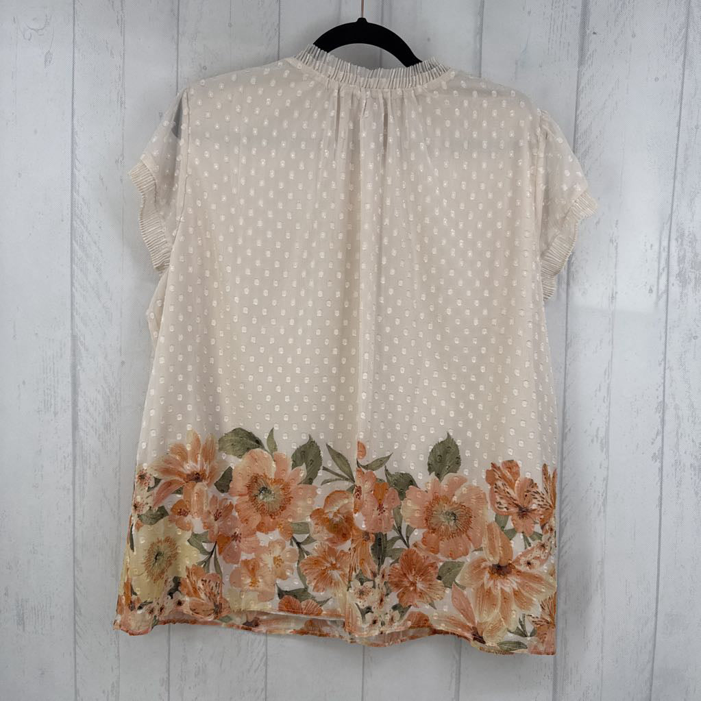 XXL textured flo print split neck s/s top