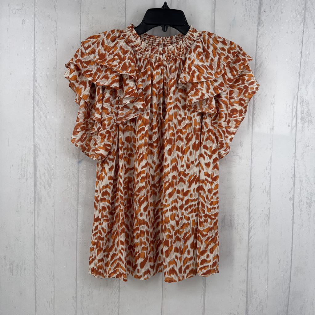XXL animal print split neck ruffled slv top