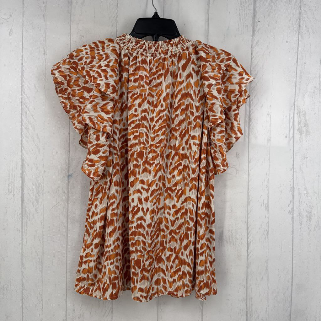 XXL animal print split neck ruffled slv top
