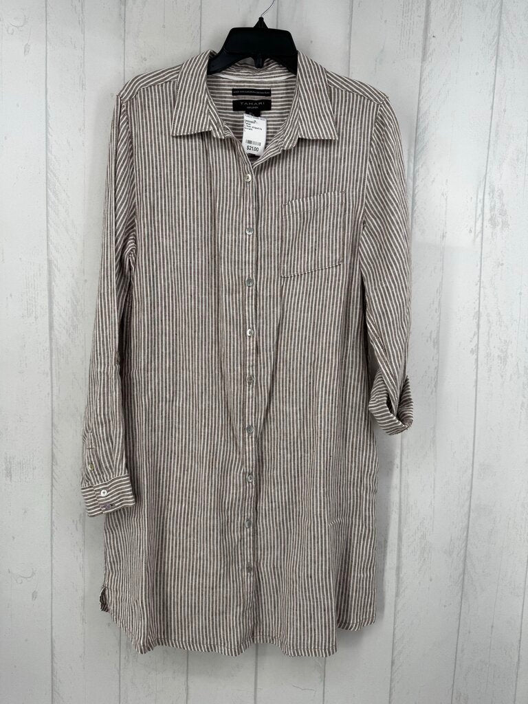 L linen striped l/s dress