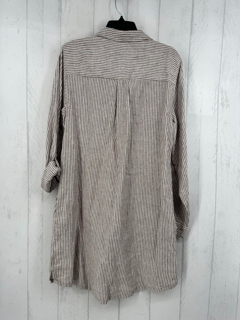 L linen striped l/s dress