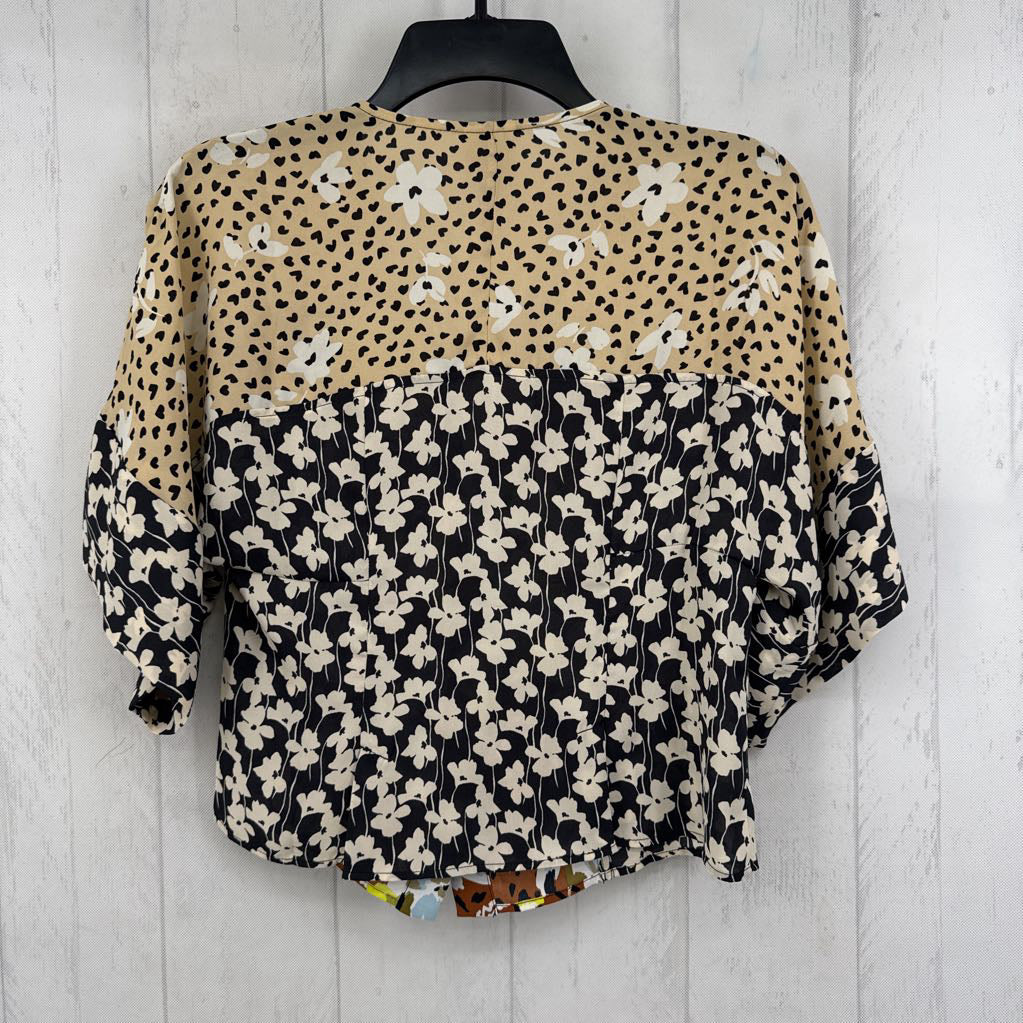 XS mixed print tie-front s/s top