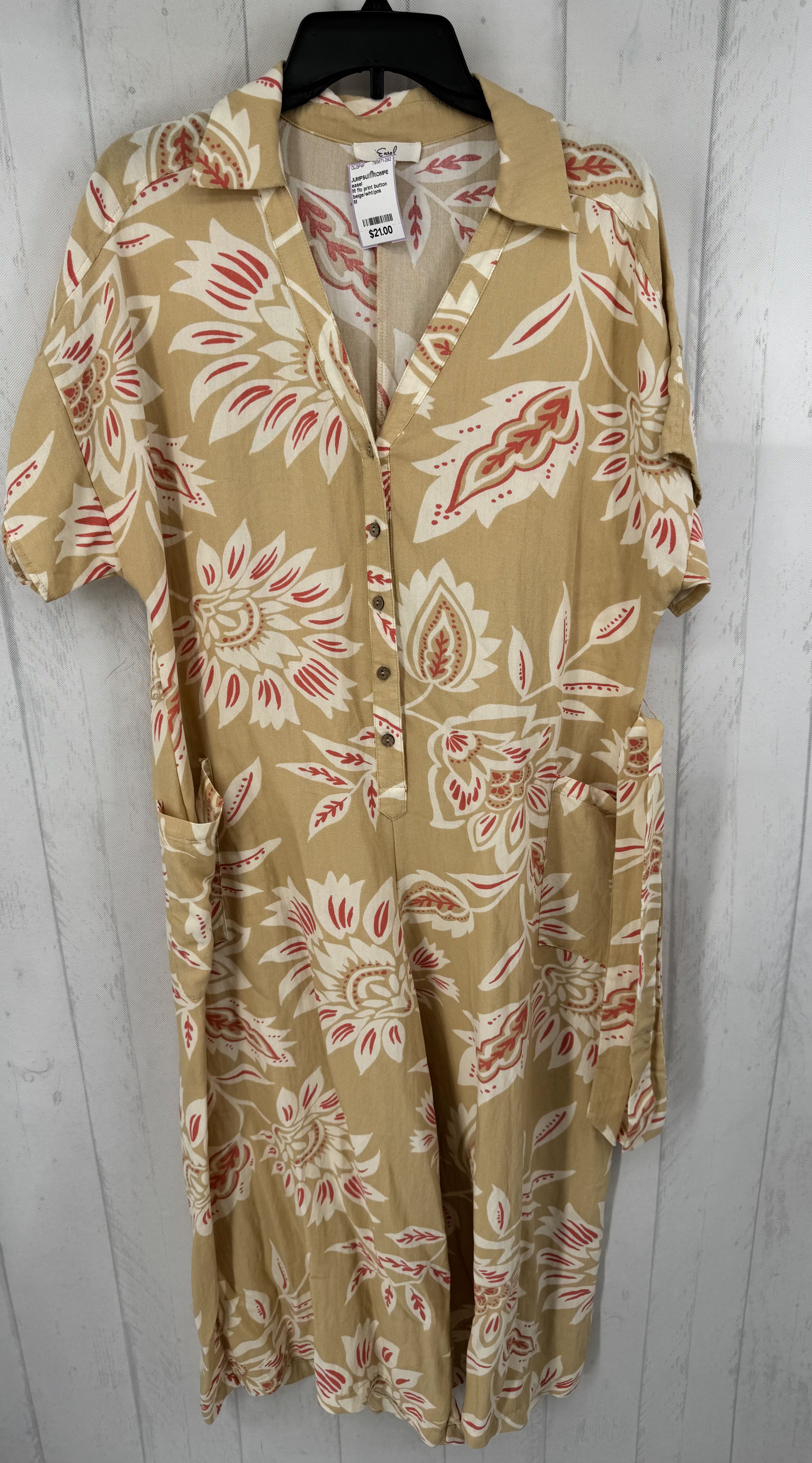M flo print button down belted s/s jumpsuit