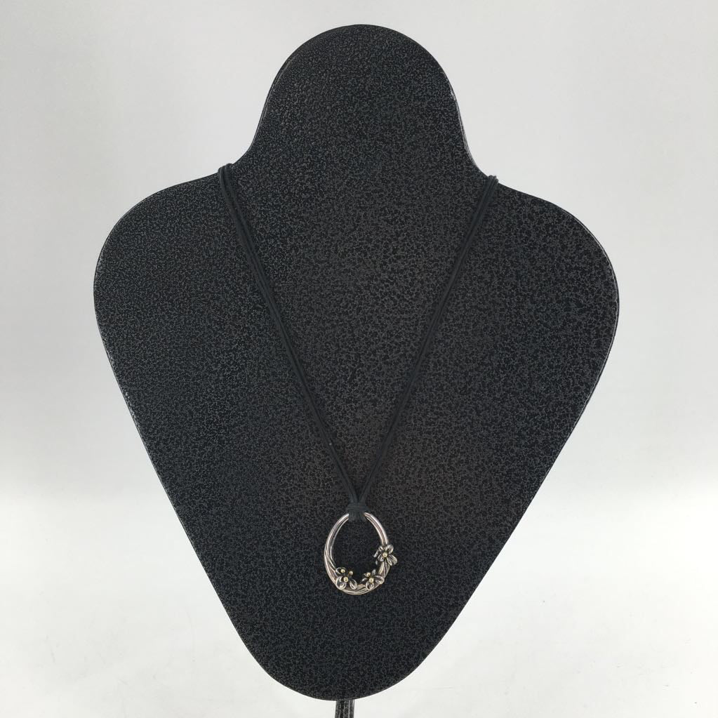 15" black cord necklace w/ silver floral pendant