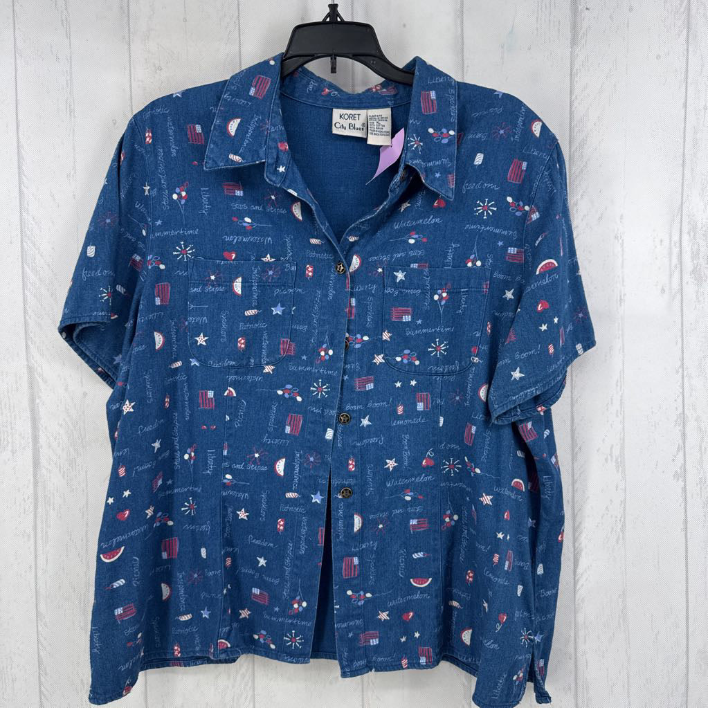 XL denim printed button down s/s top