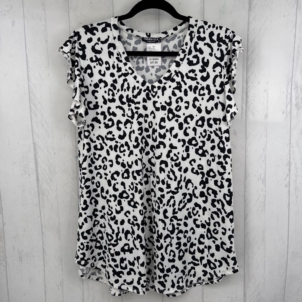 L animal print v-neck flutter slv top