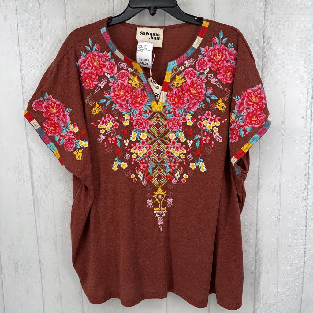 L flo embroidered split neck s/s top