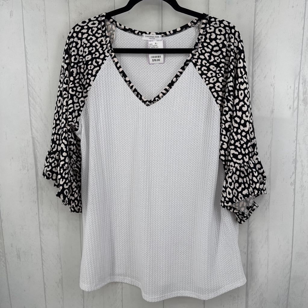 2X waffle knit animal print slv top