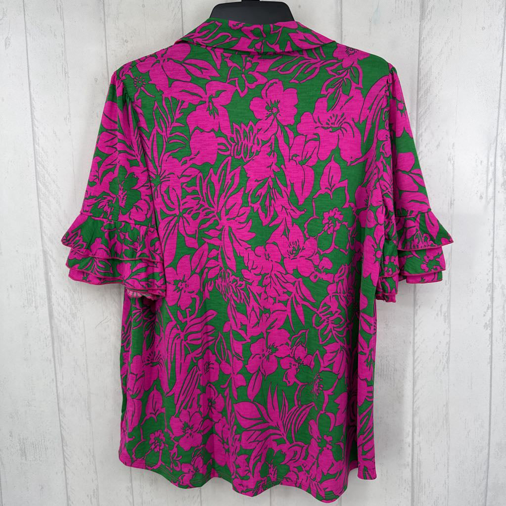 L flo print button down s/s top