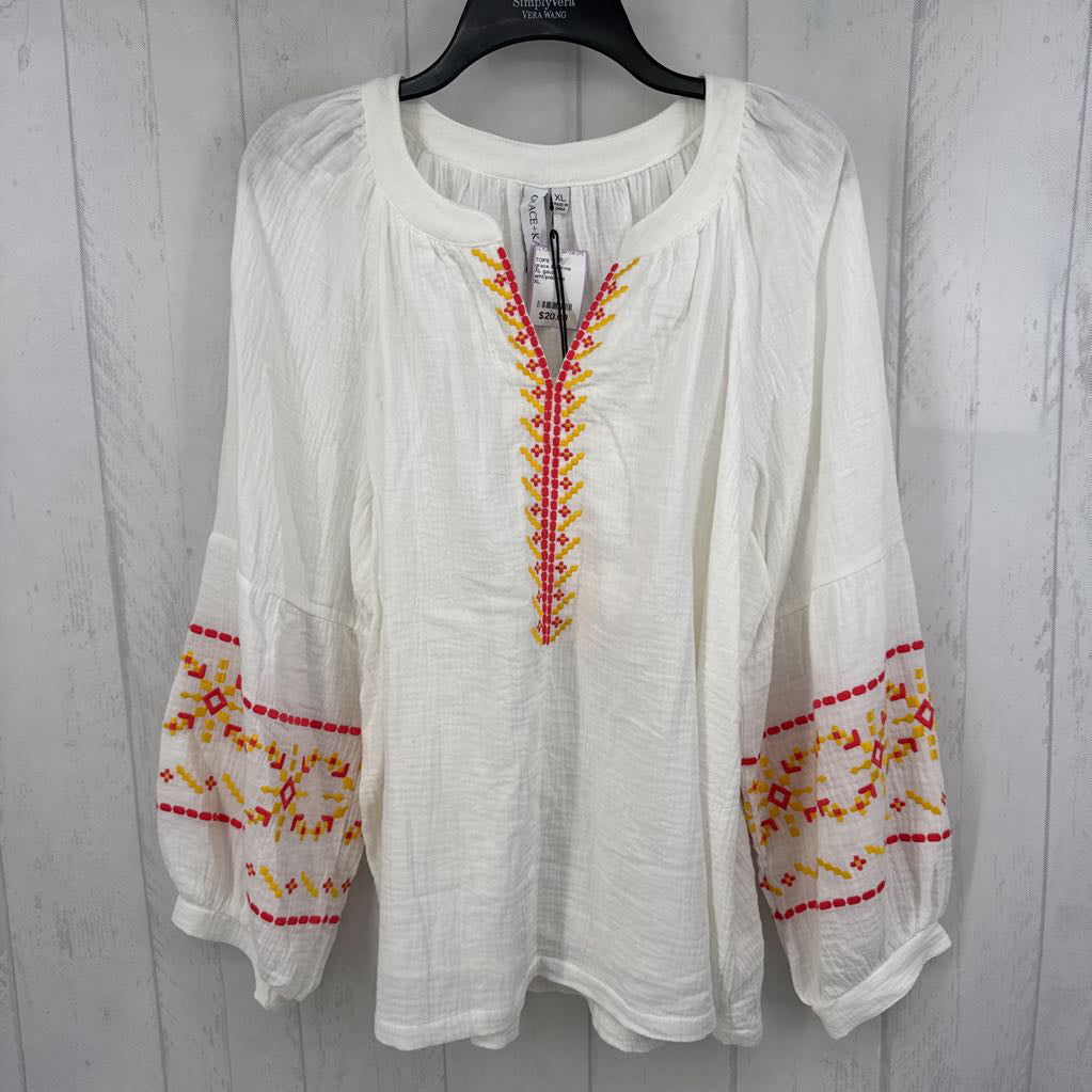 XL gauze embroidered l/s top
