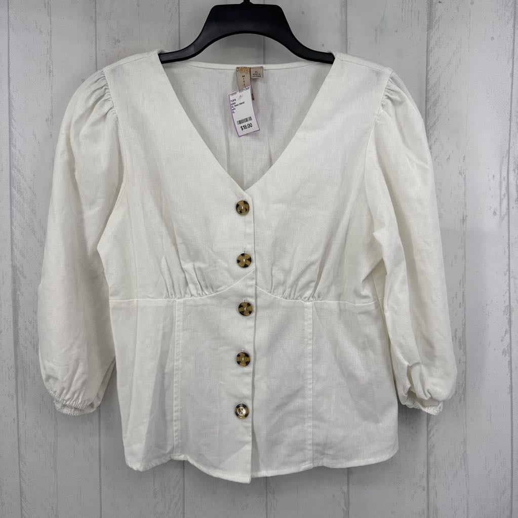 XL linen blend button front 3/4 slv top
